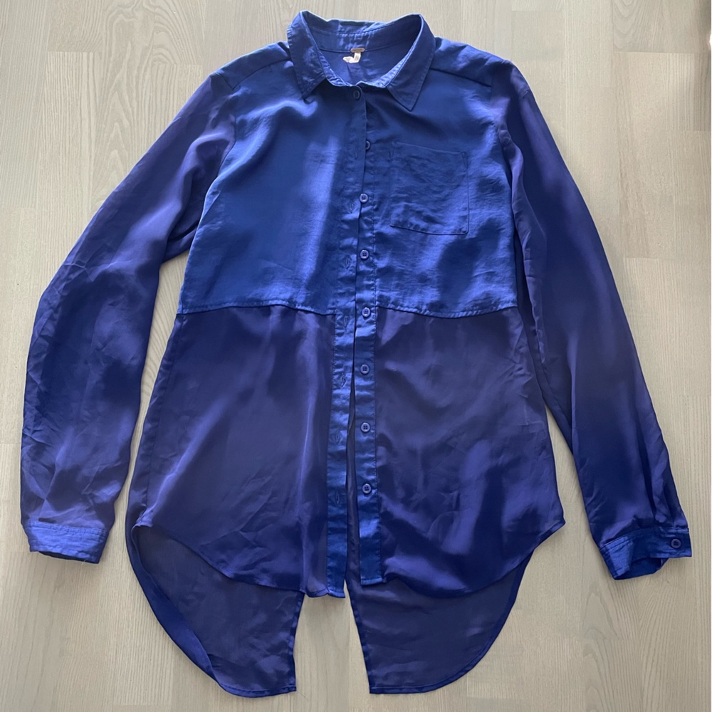 Free People Royal Blue Satin Half Sheer High Low Button Up Blouse w/ Split Back